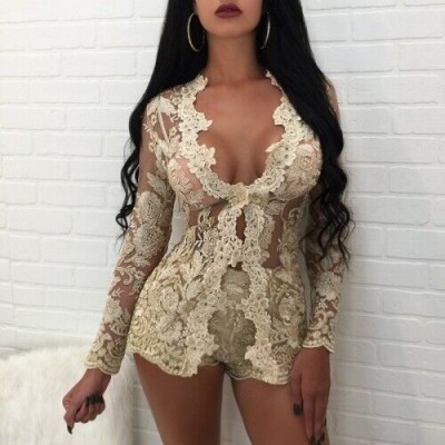 Embroidery Sexy Two Piece Sets Women Lace V Neck Hollow Out Cardigan And Shorts